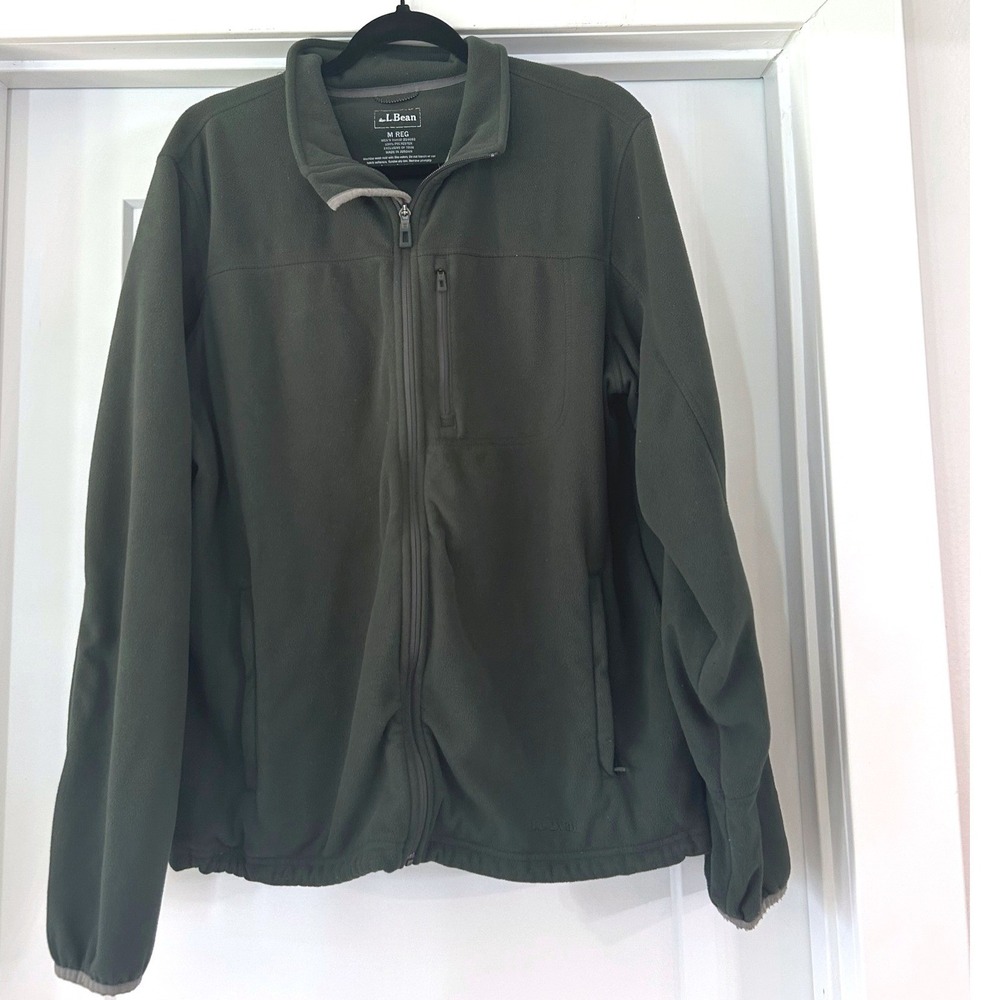 LL Bean Mens Fleece Jacket Full Zip Green Medium Pocket Cinch Hem